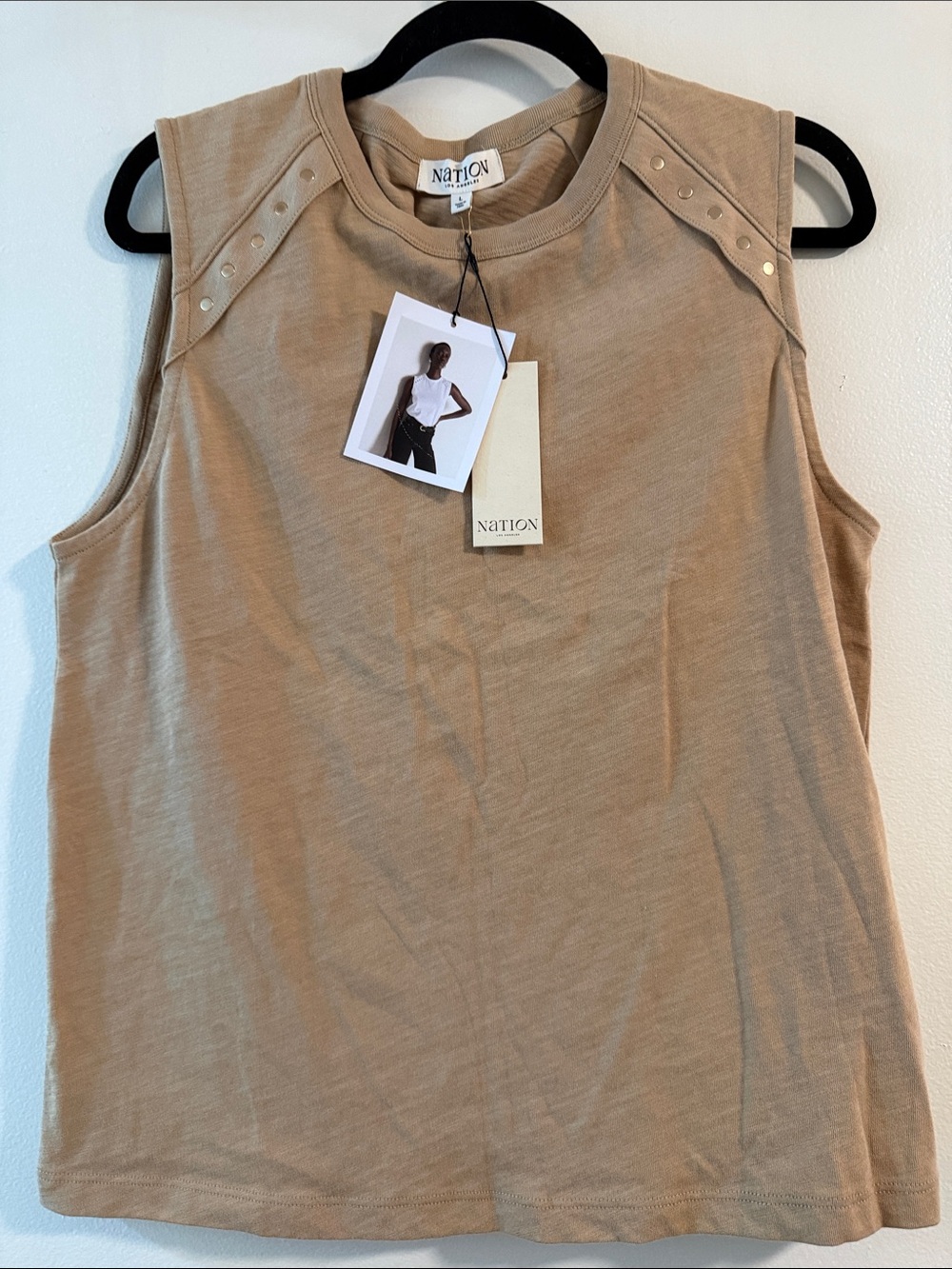 Tan Sleeveless Stud Shoulder Muscle Tank